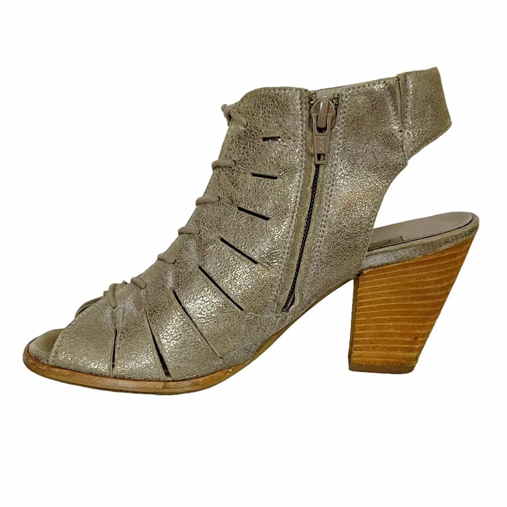 COSMO Paul Green Silver Metallic Cutout Leather Lace-up Peep Toe Ankle Bootie